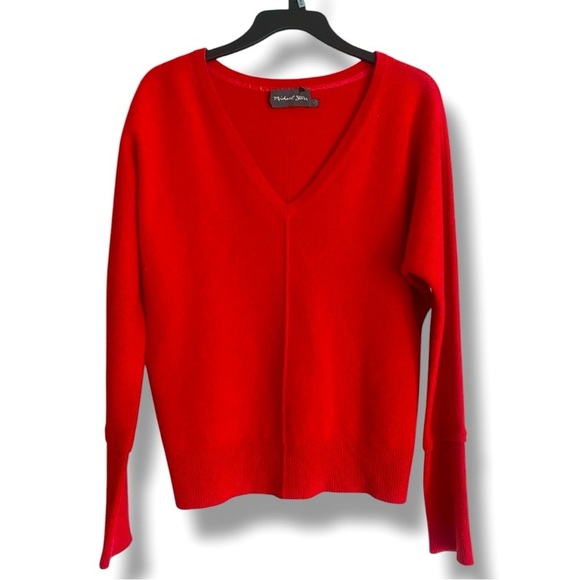 MICHAEL STARS X-TRA FINE WOOL/CASHMERE SWEATER Red V-Neck Seamed w Polo Sleeves - Picture 2 of 11